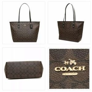 new COACH brown & black SIGNATURE ZIPTOTE handbag